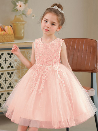 ピーチフラワーガールドレスホワイトジュエルネックポリエステルコットンノースリーブ膝丈Aライン刺繍フォーマルキッズページェントドレス