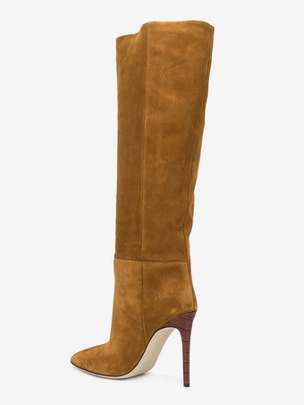 ブラウン レディース マイクロスエード ハイヒールブーツ ポインテッドトゥ 膝丈ブーツ