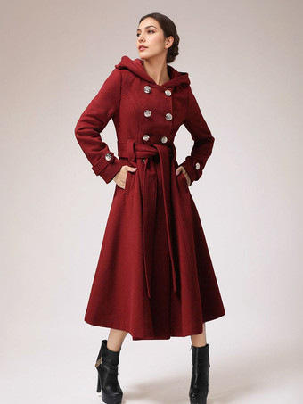 ダブルブレスト ウールコート フード付き バーガンディ ベルト付き 冬用ロングアウター レディース 2025