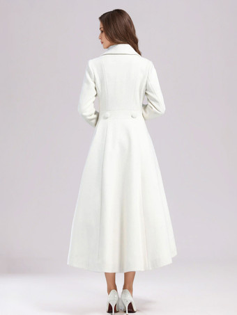 ホワイトウールフレアコート レディース ワイドラペル ダブルブレスト 冬 Aライン ミディアウター 2025