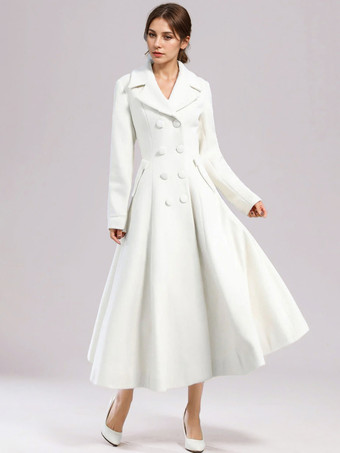 ホワイトウールフレアコート レディース ワイドラペル ダブルブレスト 冬 Aライン ミディアウター 2025
