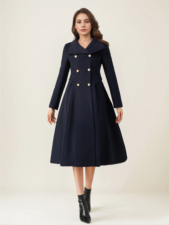 女性用ウールフレアコート スタンドカラー ダークネイビー ヴィンテージ ダブルブレスト 冬 ミディ丈 アウターウェア 2025