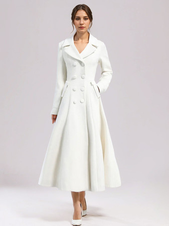 ホワイトウールフレアコート レディース ワイドラペル ダブルブレスト 冬 Aライン ミディアウター 2025