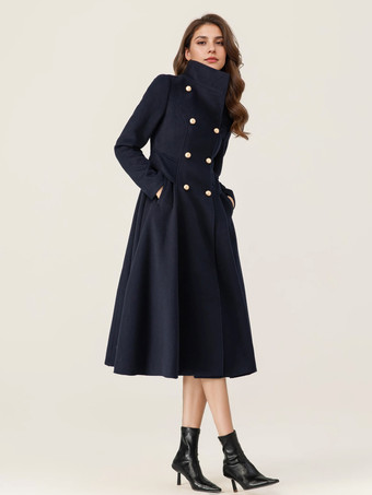 女性用ウールフレアコート スタンドカラー ダークネイビー ヴィンテージ ダブルブレスト 冬 ミディ丈 アウターウェア 2025