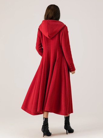 ウール フレア コート フード付き 女性用 赤 A ライン ロング 冬アウター 2025