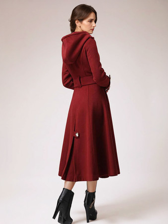 ダブルブレスト ウールコート フード付き バーガンディ ベルト付き 冬用ロングアウター レディース 2025