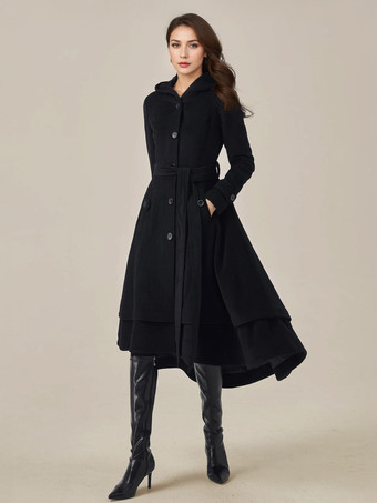 女性用ウールフレアコート フード付き ベルト付き Aライン ヴィンテージ 冬 ミディ丈 アウターウェア 2025