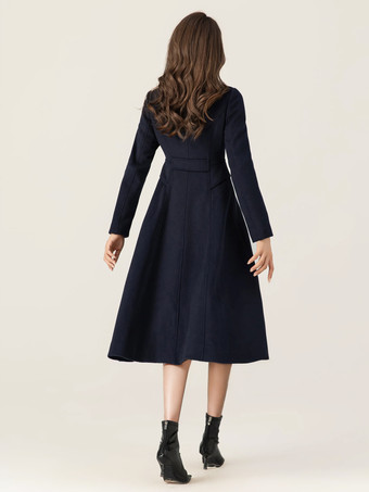 女性用ウールフレアコート スタンドカラー ダークネイビー ヴィンテージ ダブルブレスト 冬 ミディ丈 アウターウェア 2025