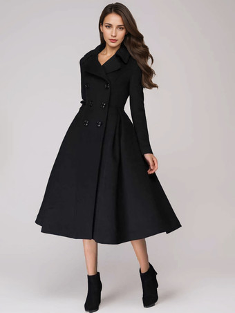 ブラック グリーン ウール フレアコート ダブルブレスト ワイドラペル 冬 Aライン ミディ アウターウェア 2025