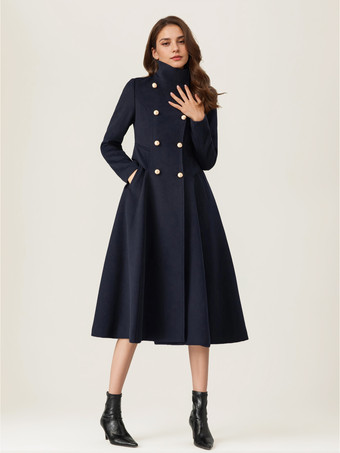 女性用ウールフレアコート スタンドカラー ダークネイビー ヴィンテージ ダブルブレスト 冬 ミディ丈 アウターウェア 2025