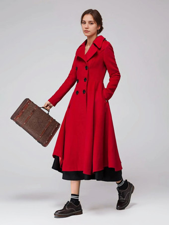 レッド グリーン ウール フレアコート ダブルブレスト ワイドラペル 冬 Aライン ミディ アウターウェア 2025