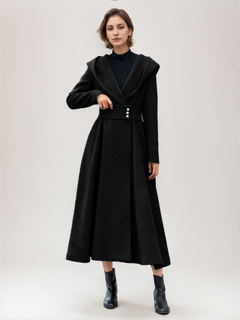 ブラック 女性用フレアウールコート フード付き グレー ベルト付き Aライン 冬用ロングアウター 2025