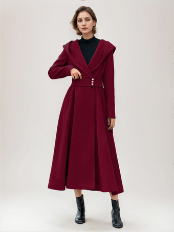 ワインレッド 女性用フレアウールコート フード付き グレー ベルト付き Aライン 冬用ロングアウター 2025