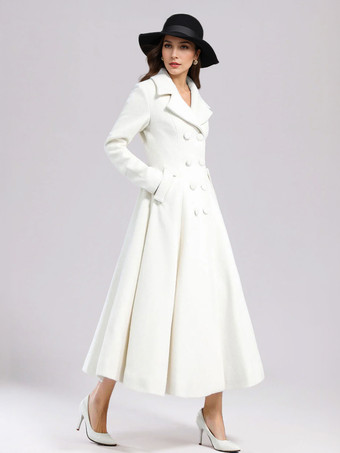 ホワイトウールフレアコート レディース ワイドラペル ダブルブレスト 冬 Aライン ミディアウター 2025