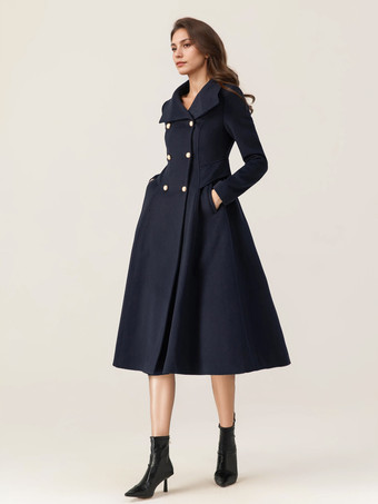 女性用ウールフレアコート スタンドカラー ダークネイビー ヴィンテージ ダブルブレスト 冬 ミディ丈 アウターウェア 2025