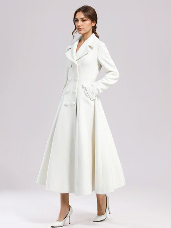 ホワイトウールフレアコート レディース ワイドラペル ダブルブレスト 冬 Aライン ミディアウター 2025