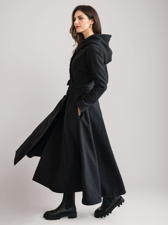 ウール フレア コート フード付き ヴィンテージ ベルト付き Aライン 冬 ロング アウターウェア レディース 2025