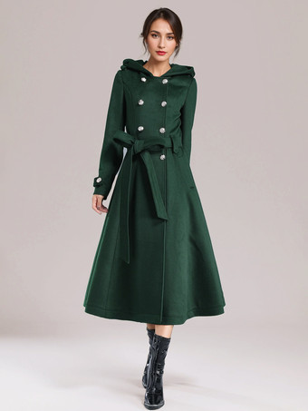 グリーン ダブルブレスト ウールコート フード付き バーガンディ ベルト付き 冬用ロングアウター レディース 2025