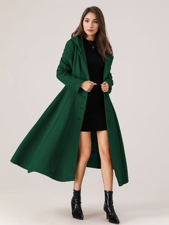 グリーン ウール フレア コート フード付き 女性用 赤 A ライン ロング 冬アウター 2025