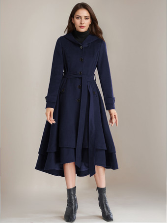 ダークネイビー女性用ウールフレアコート フード付き ベルト付き Aライン ヴィンテージ 冬 ミディ丈 アウターウェア 2025