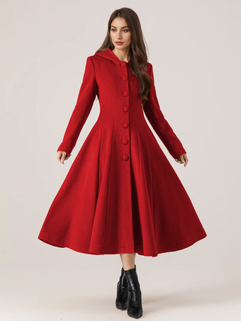 ウール フレア コート フード付き 女性用 赤 A ライン ロング 冬アウター 2025