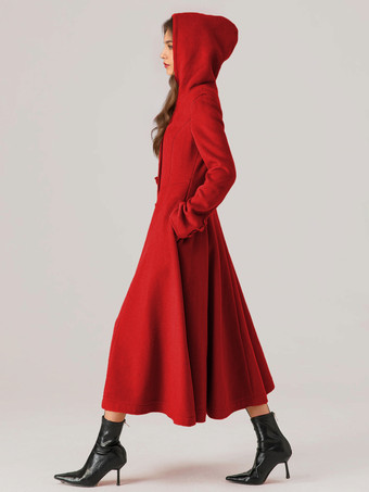 ウール フレア コート フード付き 女性用 赤 A ライン ロング 冬アウター 2025