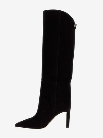 ブラック スエードニーブーツ ハイヒール ポインテッドトゥ ニーハイブーツ