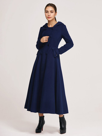 ウール フレアコート フード付き ダークネイビー ダブルブレスト エレガント Aライン 冬 ロングアウター レディース 2025