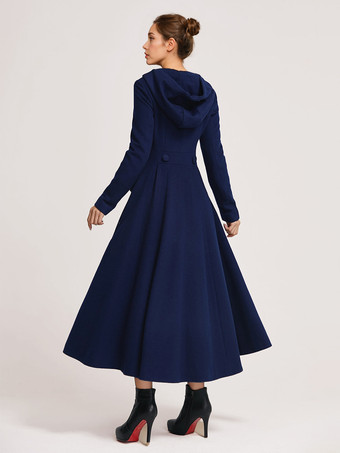 ウール フレアコート フード付き ダークネイビー ダブルブレスト エレガント Aライン 冬 ロングアウター レディース 2025