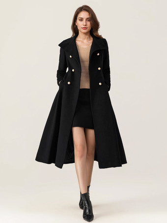 ブラック 女性用ウールフレアコート スタンドカラー ダークネイビー ヴィンテージ ダブルブレスト 冬 ミディ丈 アウターウェア 2025