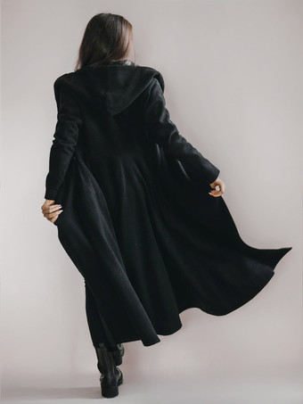 ウール フレア コート フード付き ヴィンテージ ベルト付き Aライン 冬 ロング アウターウェア レディース 2025