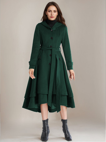 グリーン 女性用ウールフレアコート フード付き ベルト付き Aライン ヴィンテージ 冬 ミディ丈 アウターウェア 2025
