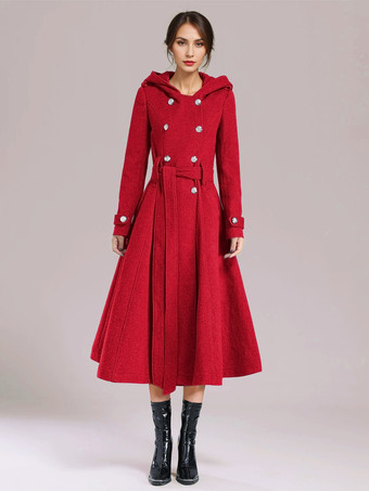 レッド ダブルブレスト ウールコート フード付き バーガンディ ベルト付き 冬用ロングアウター レディース 2025