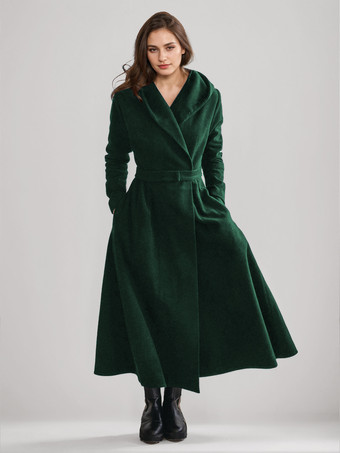 グリーン ウール フレア コート フード付き ヴィンテージ ベルト付き Aライン 冬 ロング アウターウェア レディース 2025