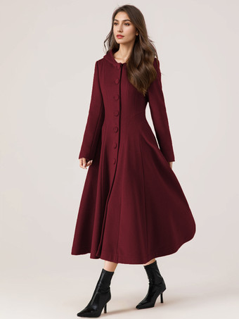 ワインレッド ウール フレア コート フード付き 女性用 赤 A ライン ロング 冬アウター 2025