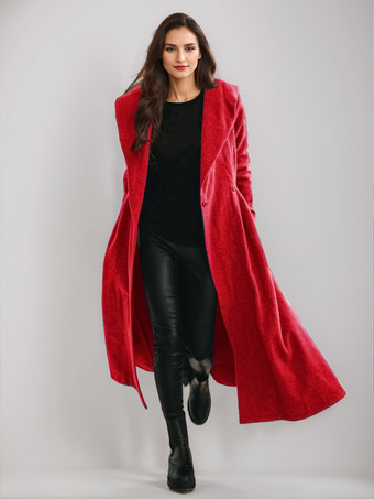 レッド ウール フレア コート フード付き ヴィンテージ ベルト付き Aライン 冬 ロング アウターウェア レディース 2025