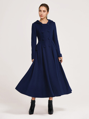 ウール フレアコート フード付き ダークネイビー ダブルブレスト エレガント Aライン 冬 ロングアウター レディース 2025