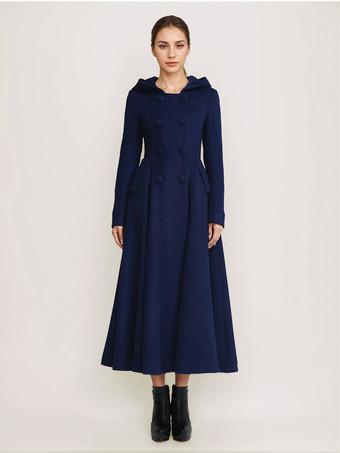 ウール フレアコート フード付き ダークネイビー ダブルブレスト エレガント Aライン 冬 ロングアウター レディース 2025