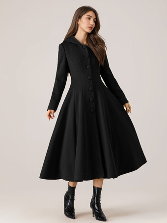 ブラック ウール フレア コート フード付き 女性用 赤 A ライン ロング 冬アウター 2025