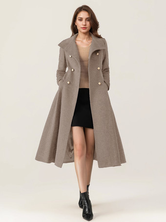 ラクダ色 女性用ウールフレアコート スタンドカラー ダークネイビー ヴィンテージ ダブルブレスト 冬 ミディ丈 アウターウェア 2025