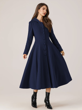 ダークネイビーウール フレア コート フード付き 女性用 赤 A ライン ロング 冬アウター 2025