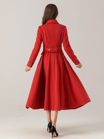 女性用フレアウールブレンドコート レッド ターンダウンカラー ダブルブレスト エレガント 2025 冬アウター