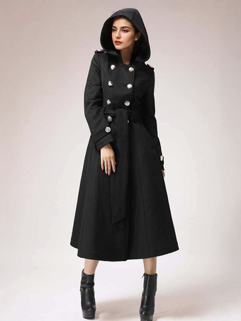 ブラック ダブルブレスト ウールコート フード付き バーガンディ ベルト付き 冬用ロングアウター レディース 2025