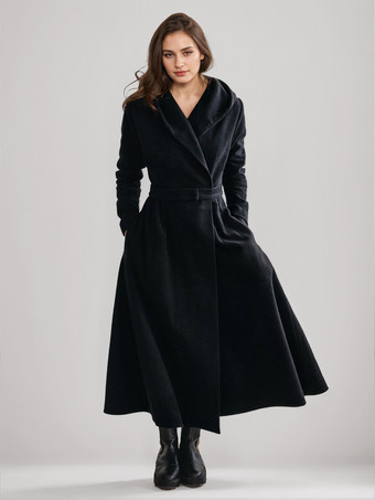 ウール フレア コート フード付き ヴィンテージ ベルト付き Aライン 冬 ロング アウターウェア レディース 2025