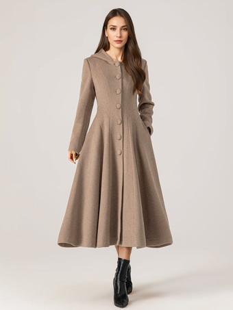 ラクダ色 ウール フレア コート フード付き 女性用 赤 A ライン ロング 冬アウター 2025