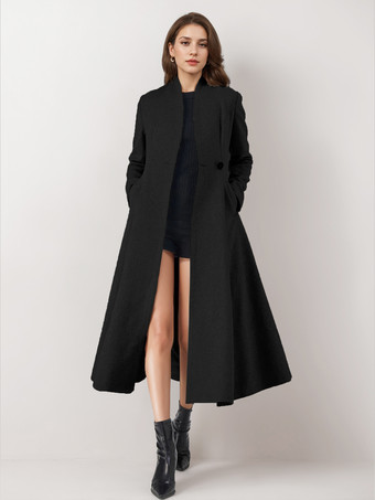 ブラック ウールブレンドフレアコート レディース ワンボタン グレー Aライン 冬 ミディ丈 アウターウェア 2025