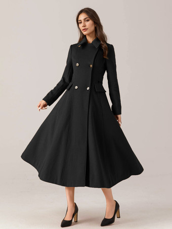 ブラック 女性用フレアウールブレンドコート レッド ターンダウンカラー ダブルブレスト エレガント 2025 冬アウター