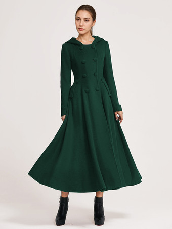 グリーン ウール フレアコート フード付き ダークネイビー ダブルブレスト エレガント Aライン 冬 ロングアウター レディース 2025