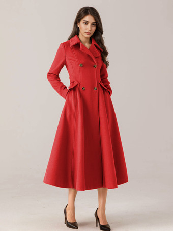 女性用フレアウールブレンドコート レッド ターンダウンカラー ダブルブレスト エレガント 2025 冬アウター