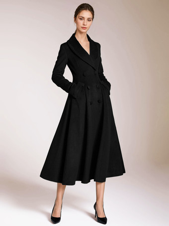 ブラック バーガンディ ウール フレアコート ヴィンテージ ショールカラー ダブルブレスト 冬 Aライン アウターウェア レディース 2025